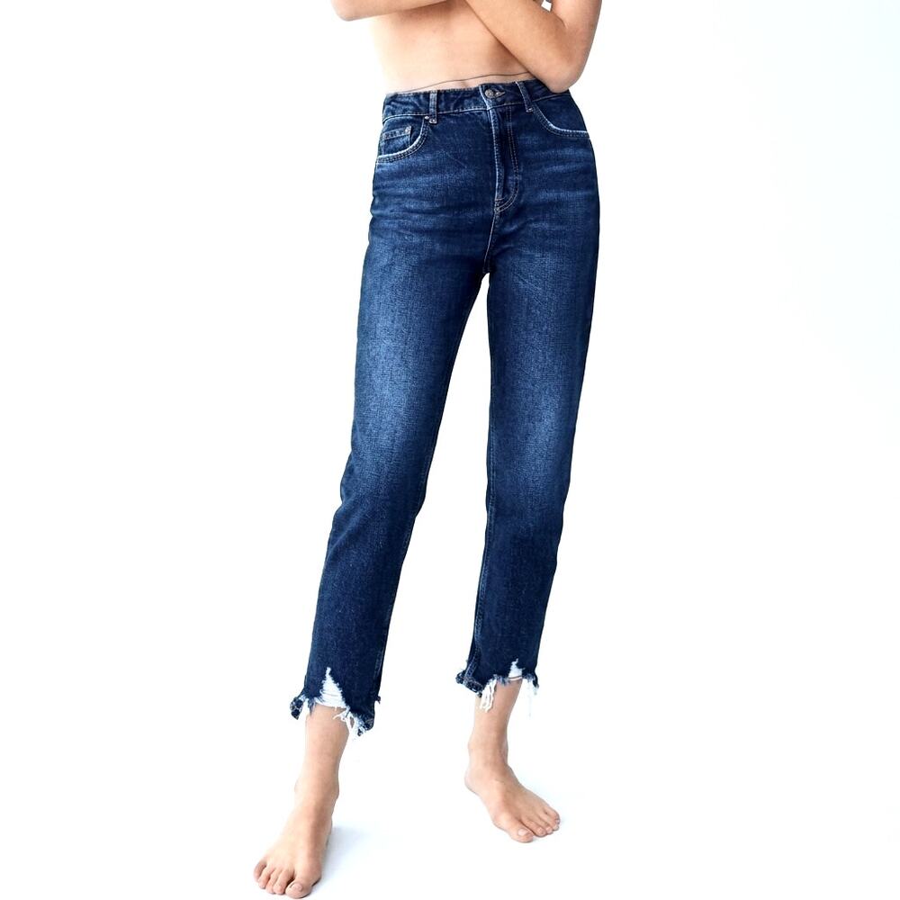 Zara Ankle Rigid High Rise Distressed Mom Jeans Blue Denim Size 2